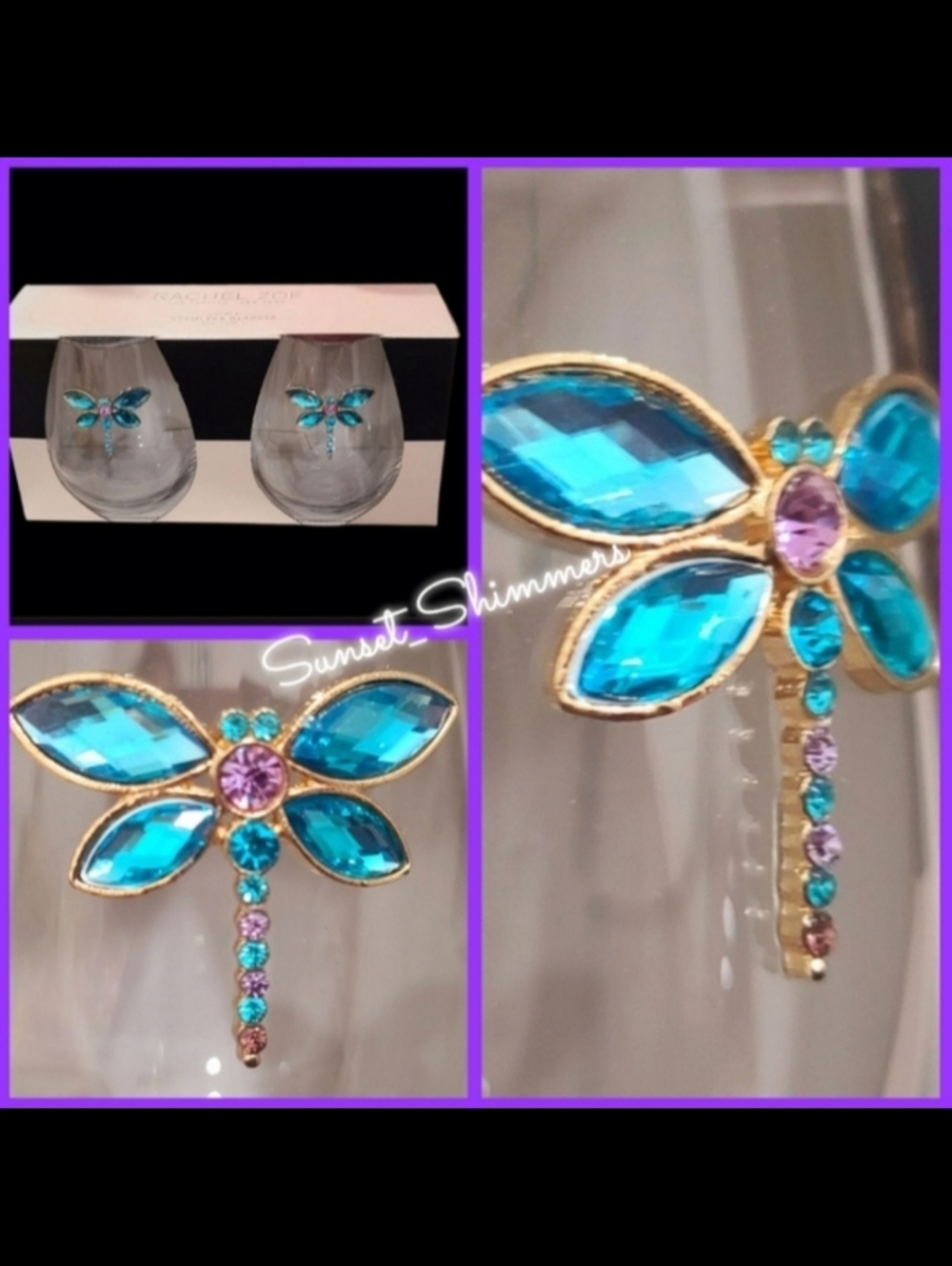 Rachel Zoe Aqua Purple Jeweled Rhinestone Lucky Dragonfly Stemless Wine Glasses